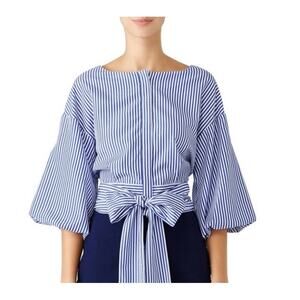 J.O.A Blue White Striped Tie Blouse Puff Sleeve Button Up Minimalist Women's M